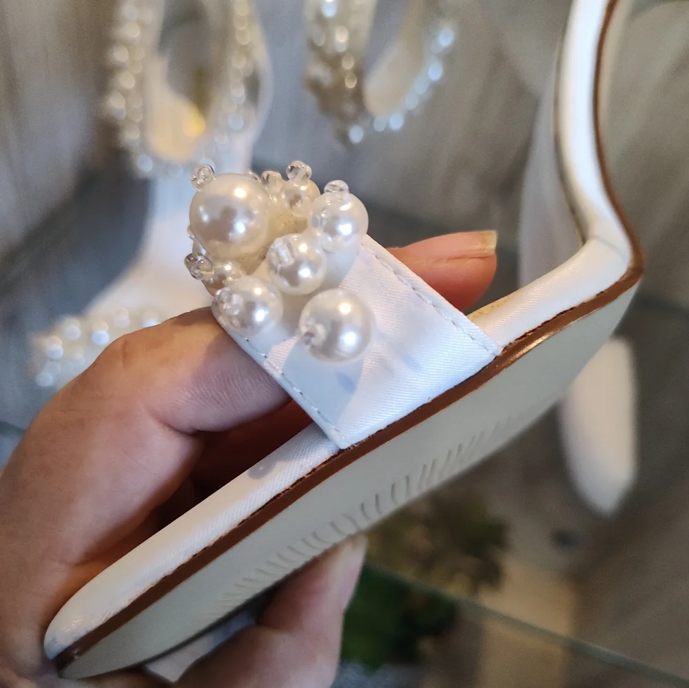 Womens Elegant Pearls Decor Back Zip Elegant White Stilettos Heels - Picture 10 of 15